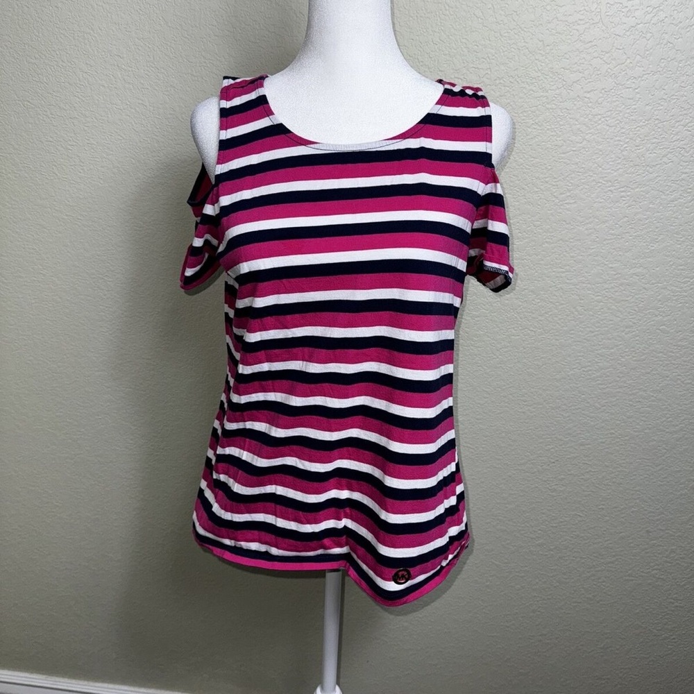 Michael by Michael Kors Pink Navy White Striped Cold Shoulder Size L Shirt Women